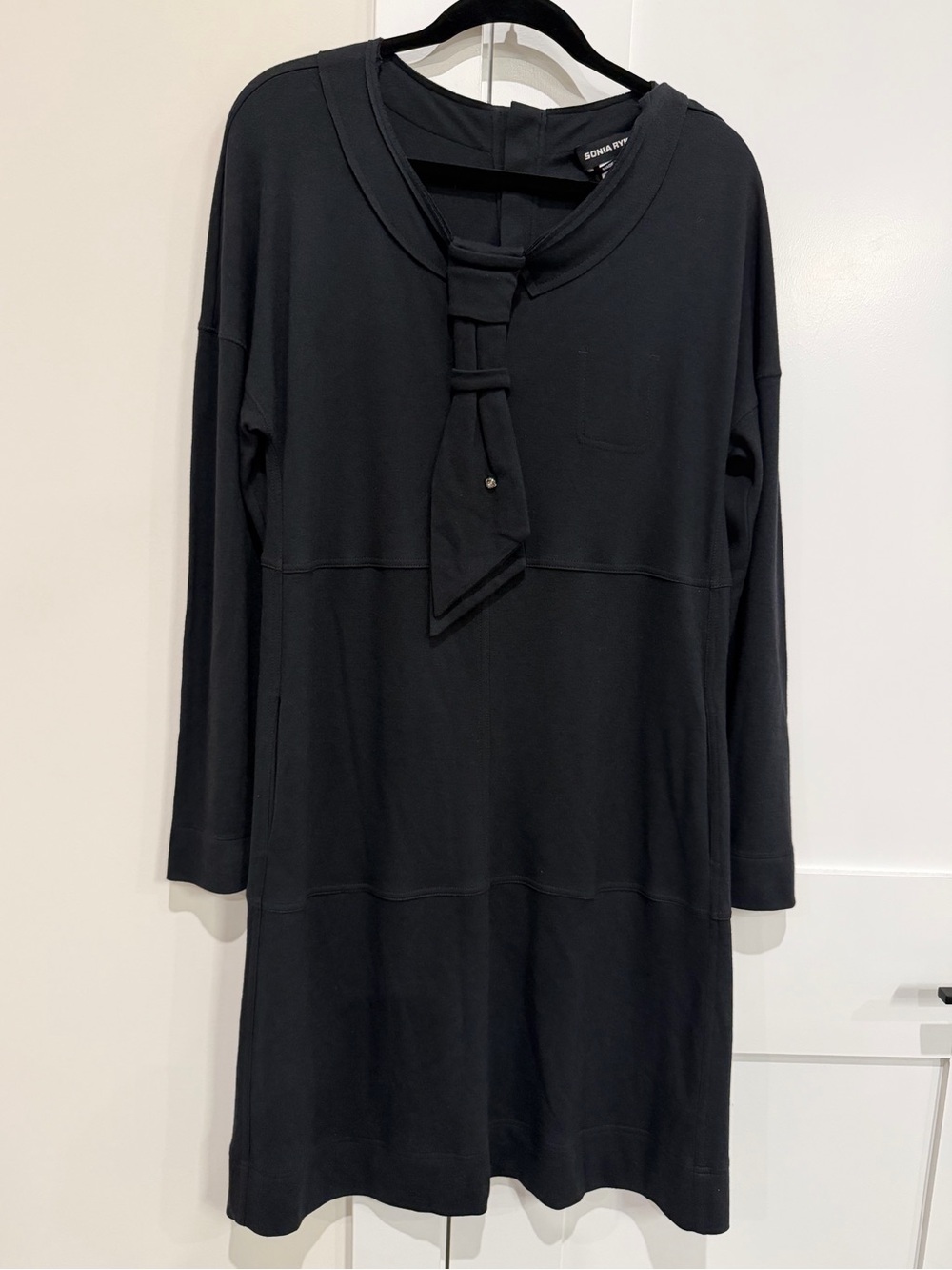 Sonia Rykiel Vintage Y2K Black Long Sleeve Dress Front Tie Accent & Rhinestones